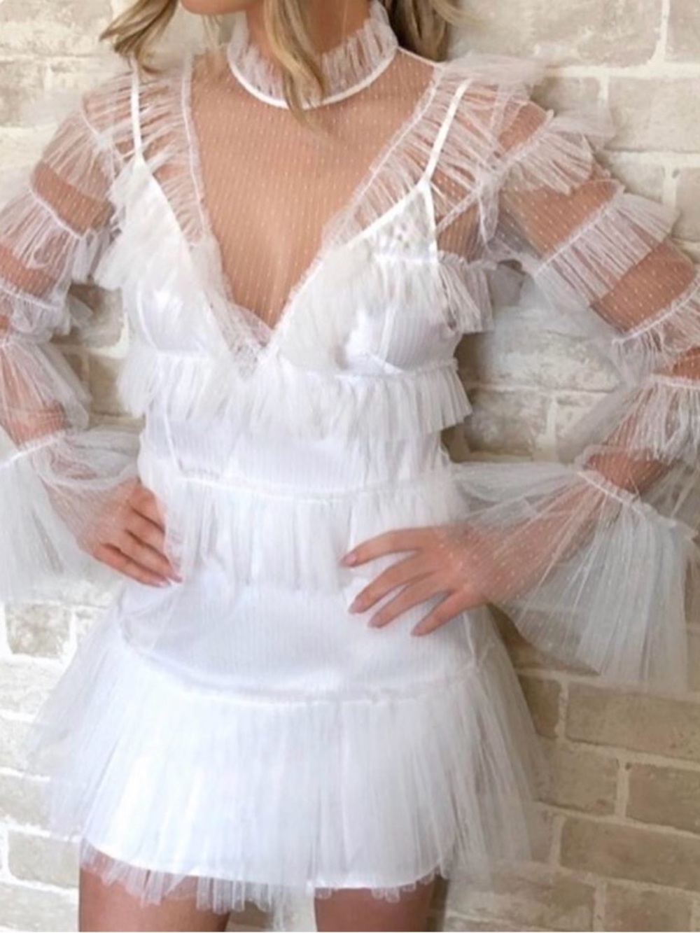 Sheer White Ruffle Mini Dress with Dot Mesh Neckline